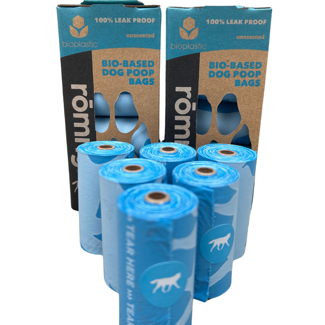 rōmng bio-based dog poop bags in blue, 100% leak proof and unscented for eco-friendly pet care