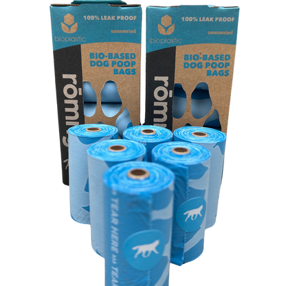 rōmng bio-based dog poop bags in blue, 100% leak proof and unscented for eco-friendly pet care