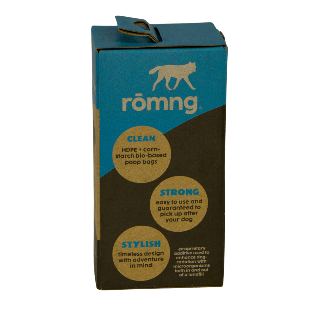 rōmng bio-based dog poop bags in eco-friendly packaging with clean and stylish design