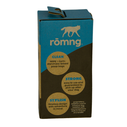 rōmng bio-based dog poop bags in eco-friendly packaging with clean and stylish design