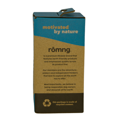 rōmng eco-friendly packaging for bio-based dog poop bags made from recycled materials