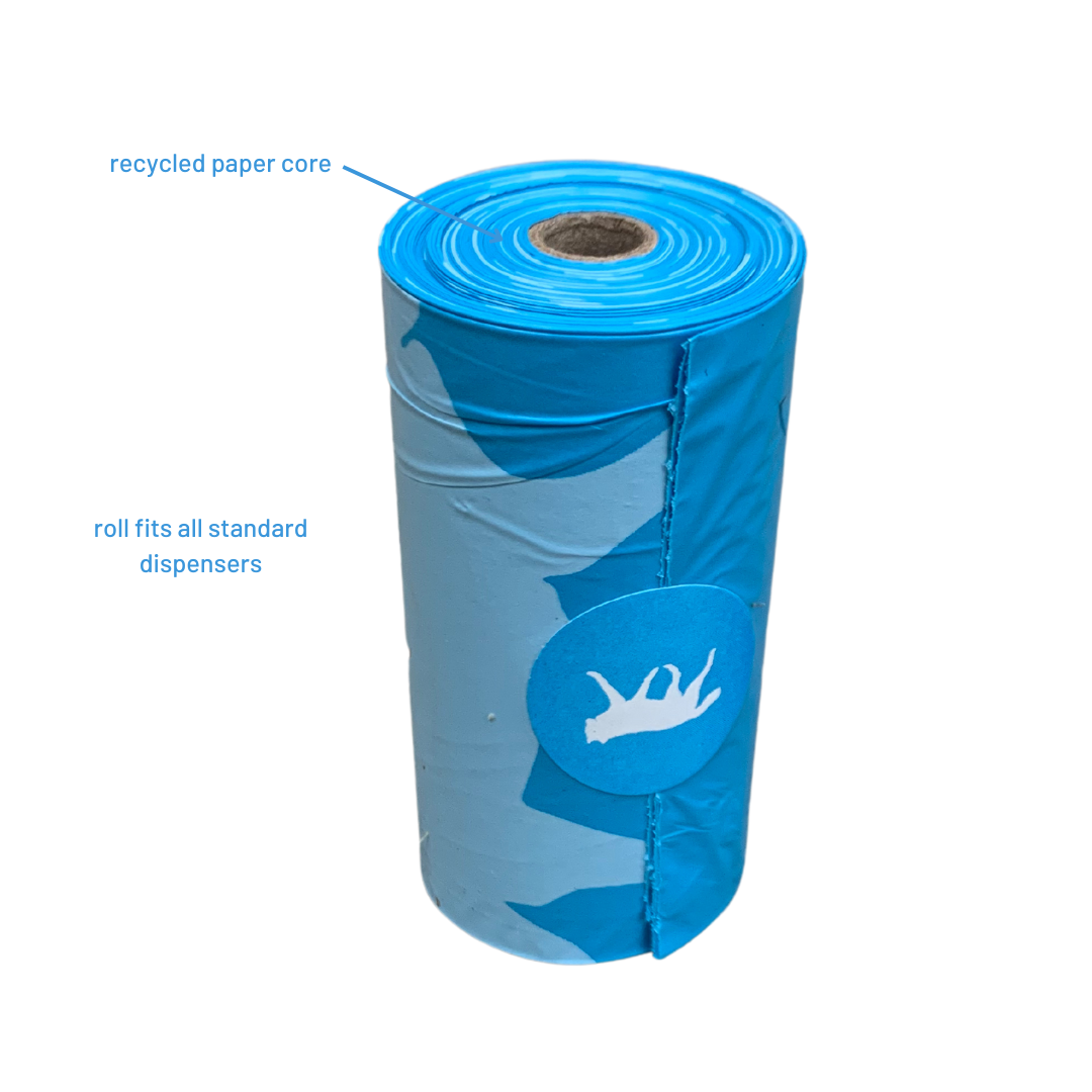 rōmng bio-based dog poop bags on a recycled paper core roll, compatible with all standard dispensers