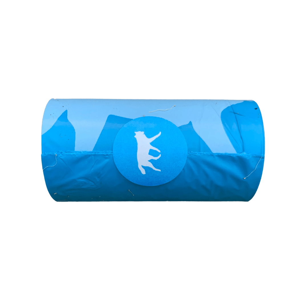 rōmng bio-based dog poop bags in blue with a playful dog silhouette design