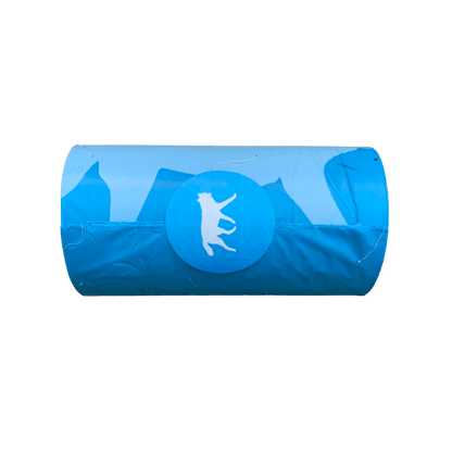 rōmng bio-based dog poop bags in blue with a playful dog silhouette design