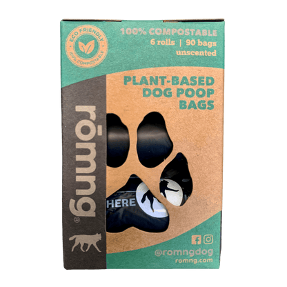 rōmng compostable dog poop bags in plant-based material, featuring 6 rolls and 90 unscented bags