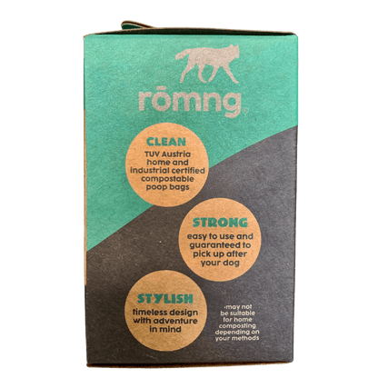 rōmng compostable dog poop bags pack with clean, strong, and stylish features for eco-friendly pet care
