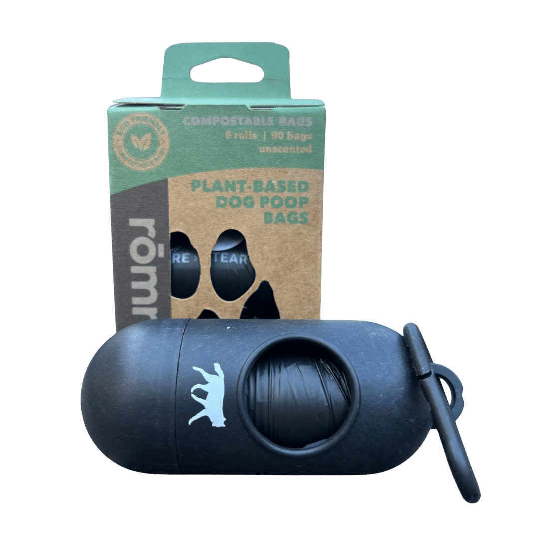 rōmng compostable dog poop bags in black dispenser with six rolls and 90 unscented bags
