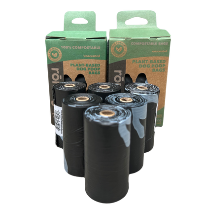 rōmng compostable dog poop bags in black rolls with eco-friendly packaging, perfect for pet owners