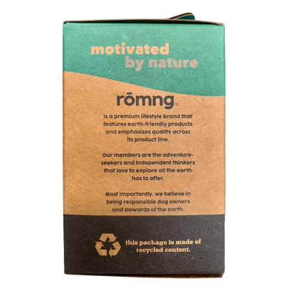 rōmng eco-friendly packaging for compostable dog poop bags made from recycled content