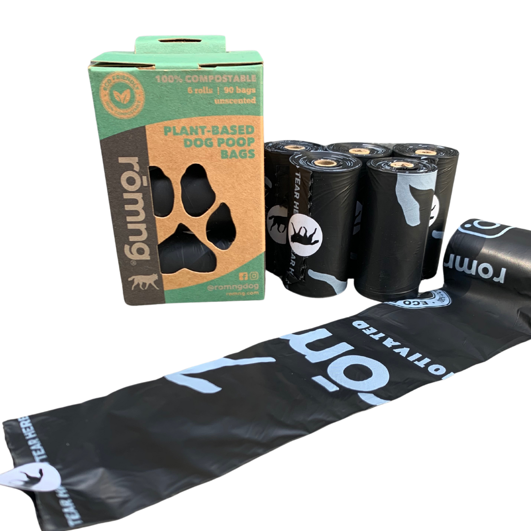 rōmng compostable dog poop bags in a box, featuring plant-based materials and 19 easy-to-use bags