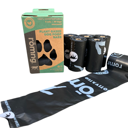 rōmng compostable dog poop bags in a box, featuring plant-based materials and 19 easy-to-use bags