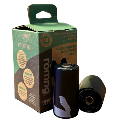 rōmng compostable dog poop bags in a stylish packaging with strong plant-based material