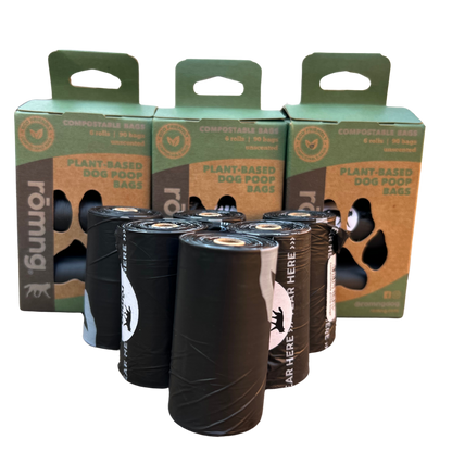 rōmng compostable dog poop bags in eco-friendly packaging for responsible pet waste disposal