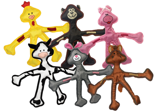 The Family Pet rope animal dog toys set featuring colorful stuffed animal shapes for dogs