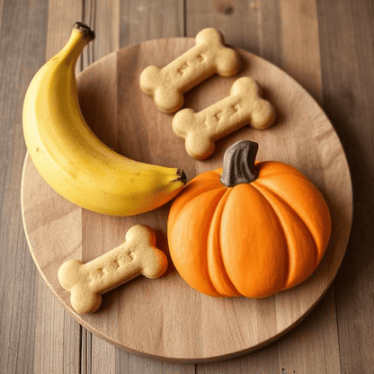 Natural dog treats shaped like bones with a banana and a pumpkin on a wooden board