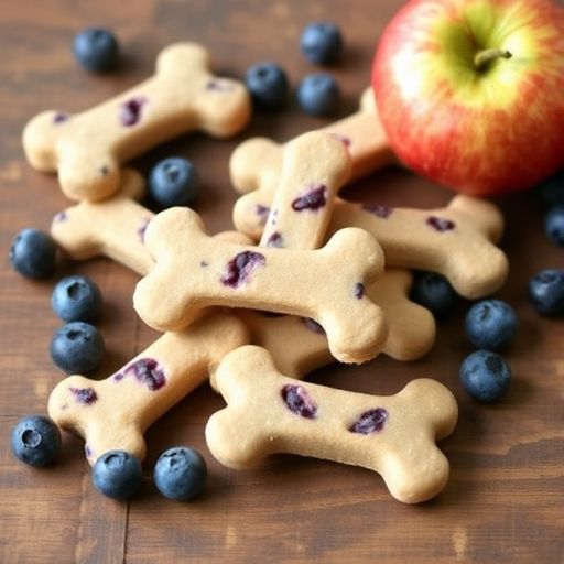 Bone-shaped natural dog treats with blueberry pieces surrounded by fresh blueberries and an apple
