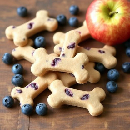 Bone-shaped natural dog treats with blueberries and an apple on wooden surface from PawCounter.com