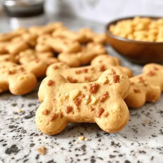 Bone-shaped natural dog treats with nut pieces on a granite countertop from PawCounter.com
