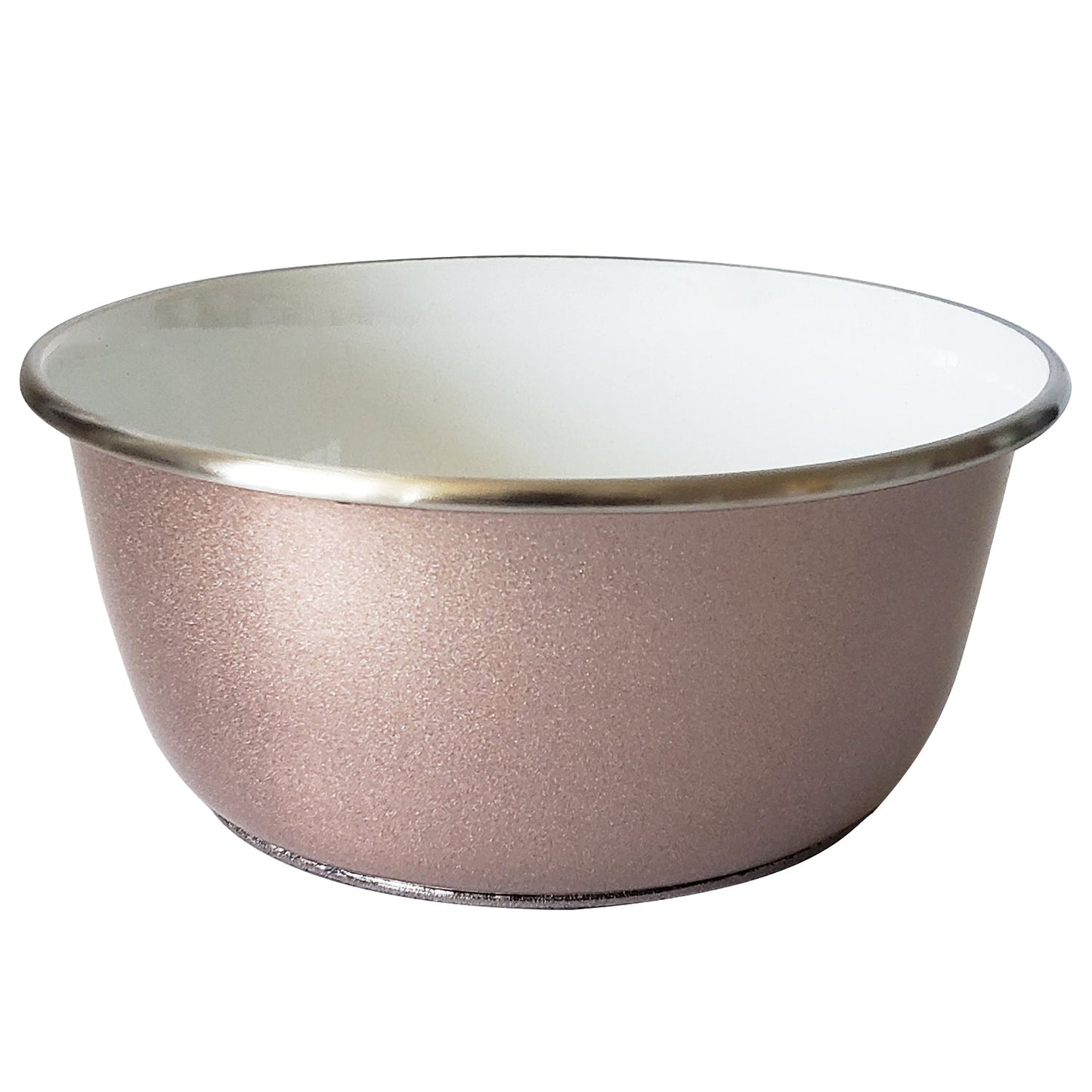 Rose gold stainless steel dog bowl with a glossy white interior for stylish pet dining