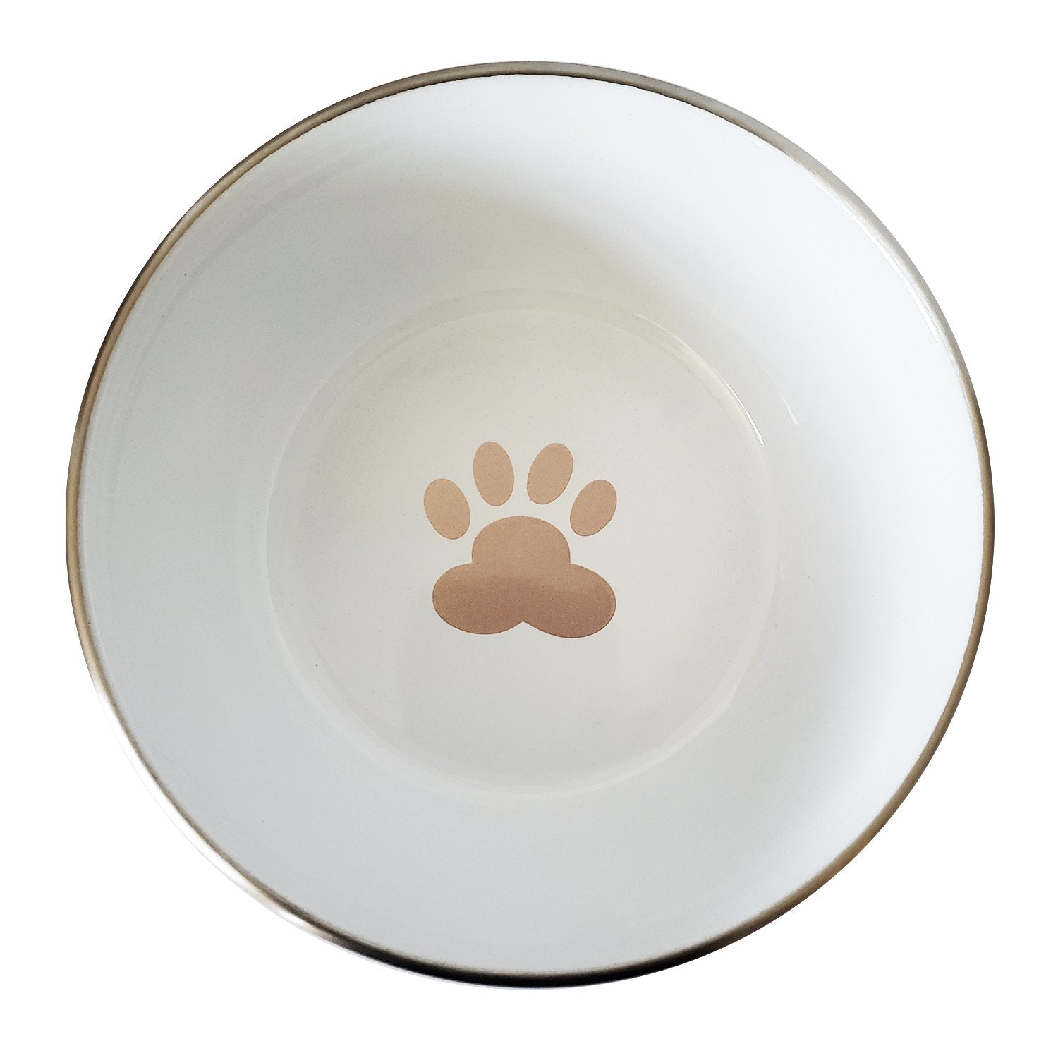Rose gold stainless steel dog bowl with a paw print design and a deep white interior