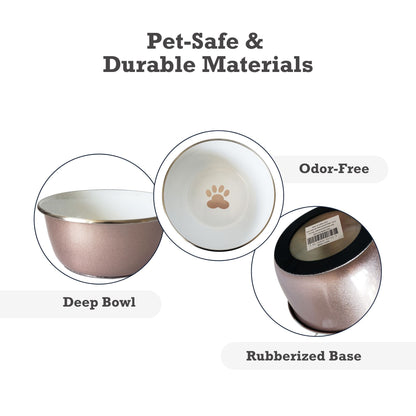 Rose gold stainless steel dog bowl with rubberized base and odor-free, pet-safe design