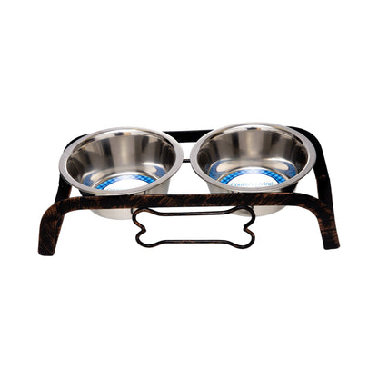 American Pet Supplies rustic elevated dog feeder with two stainless steel bowls and bone-shaped design