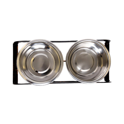 American Pet Supplies rustic elevated dog feeder with two stainless steel bowls and metal frame