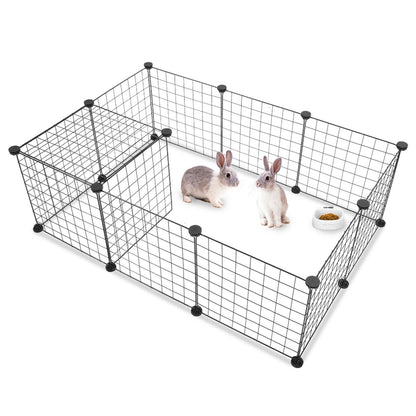 Small animal playpen by PawCounter.com with two rabbits and food bowl inside a black wire enclosure