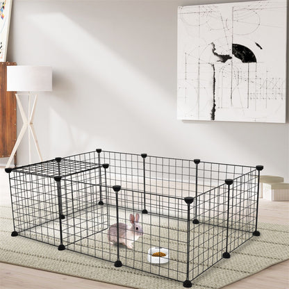 Black wire small animal playpen with rabbit inside on a carpet in a modern living room
