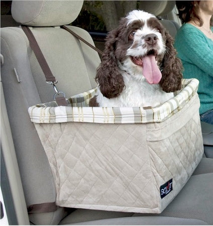 PetSafe extra large pet booster seat in beige quilted fabric with brown and white dog inside on car seat