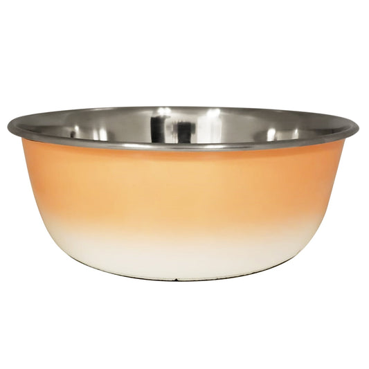 Stainless steel deep dog bowl featuring a gradient orange and white design for stylish pet feeding