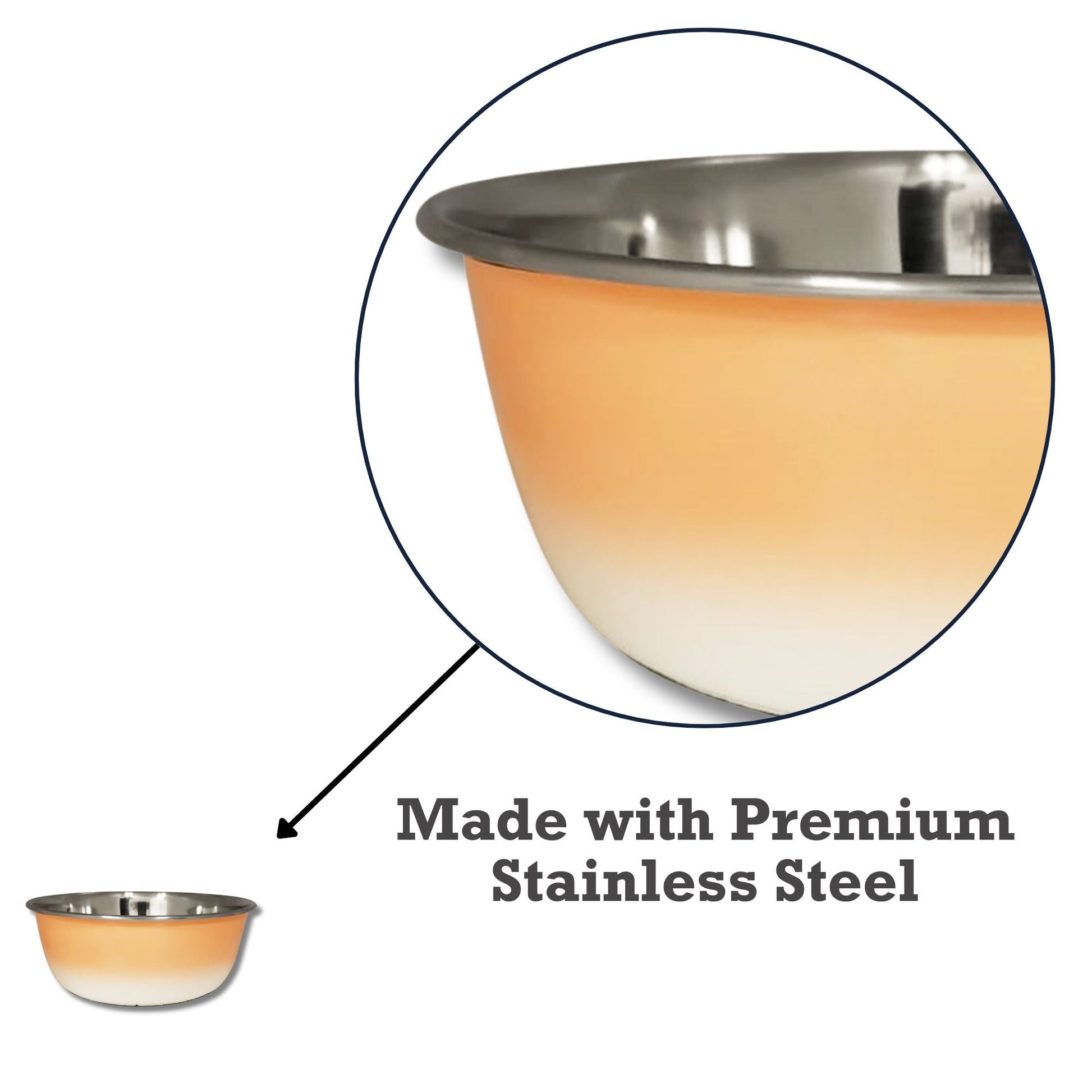 Stainless steel deep dog bowl with a premium finish and an orange gradient design