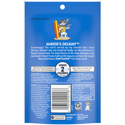 Temptations Mixups Surfers Delight cat treats package featuring shrimp, tuna, and salmon flavors for playful cats