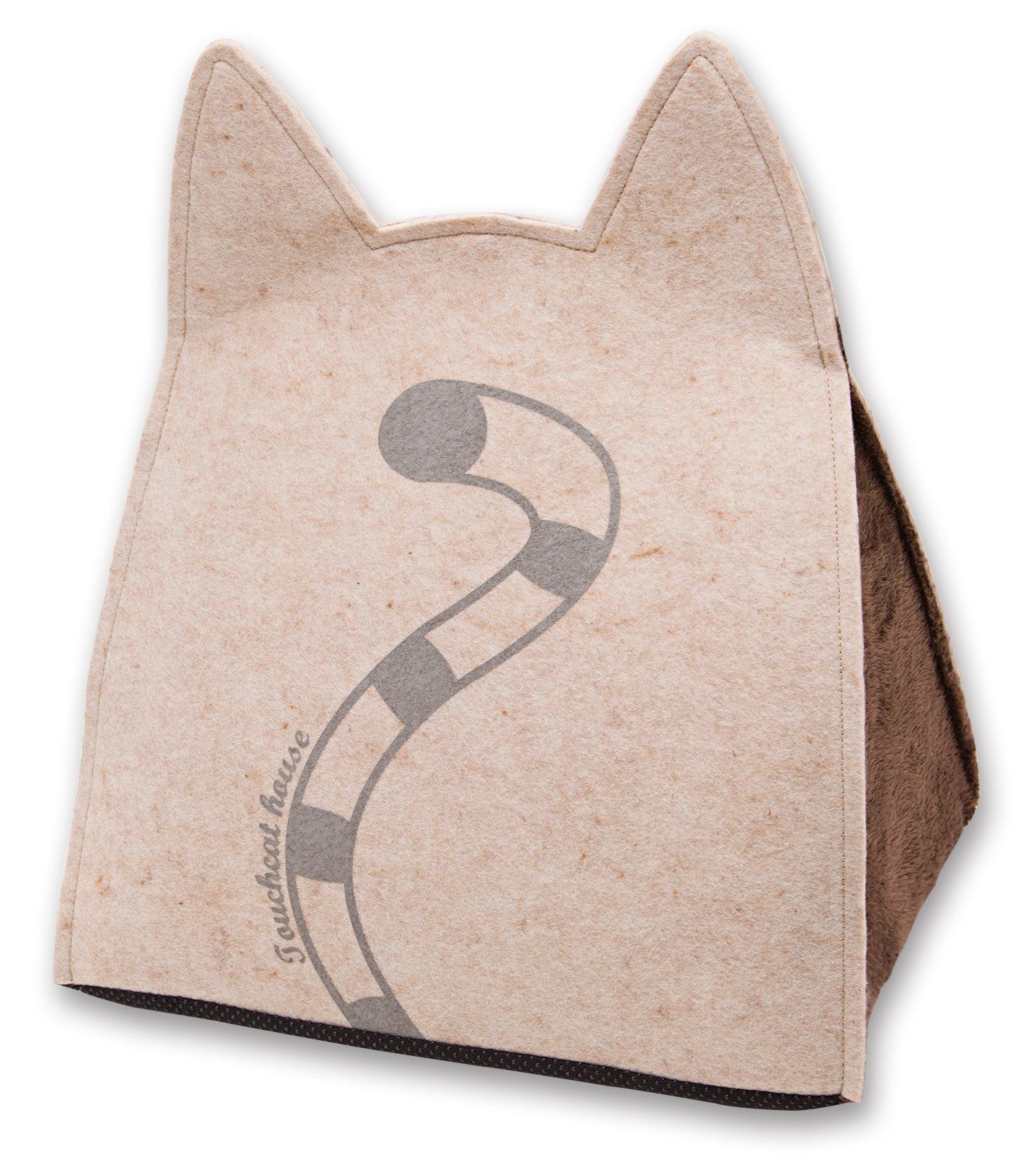 Beige travel cat house with toy shaped like a cat head with ears and a playful tail design