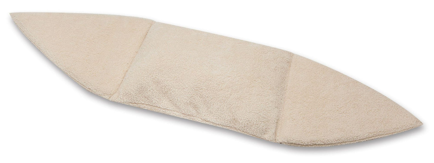 Beige travel cat house with toy made of soft fabric for comfortable pet travel