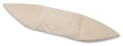 Beige travel cat house with toy made of soft fabric for comfortable pet travel