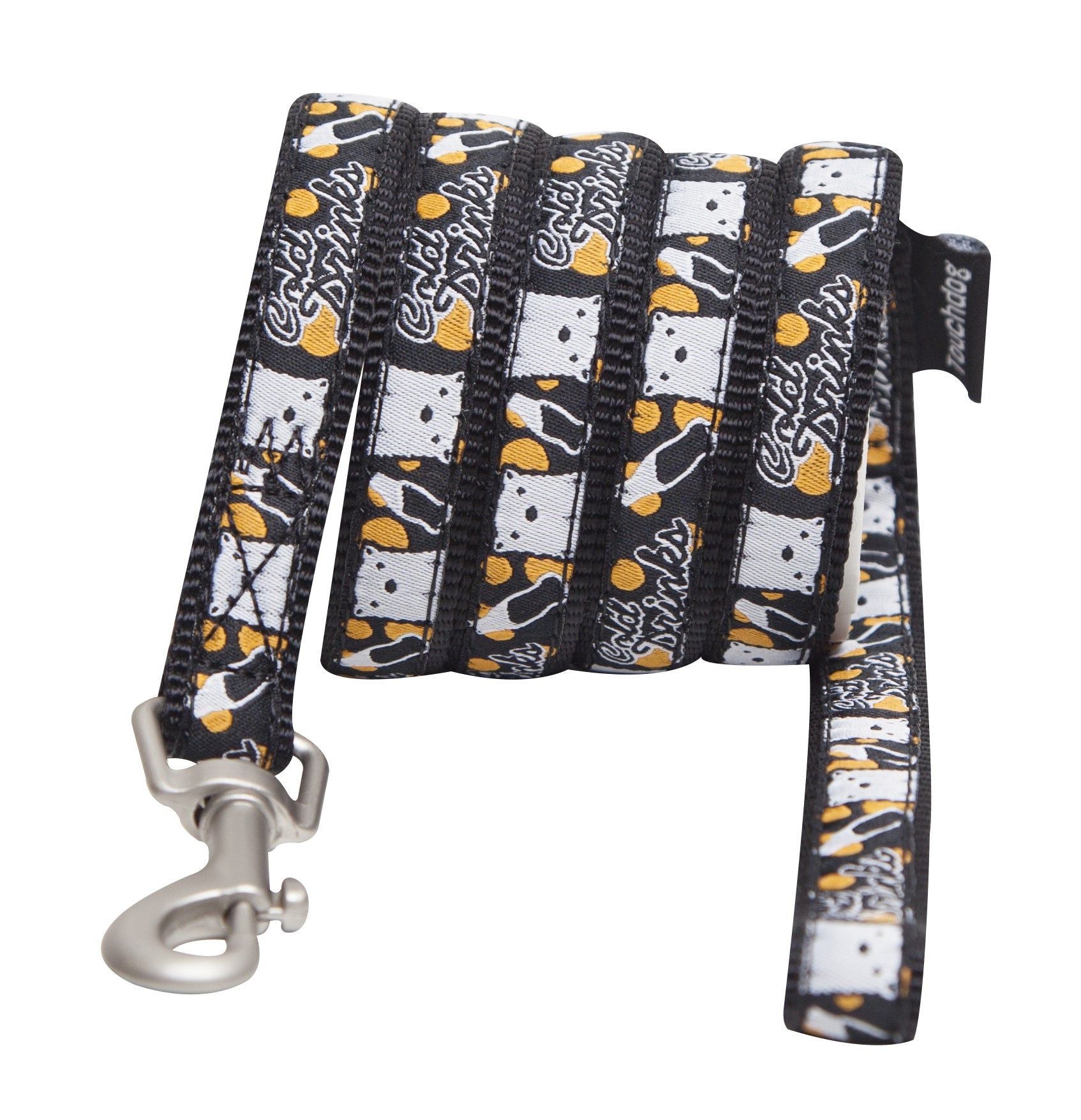 Designer dog leash and collar set by PawCounter.com with black and white playful dog pattern and metal clasp