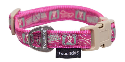 Pink designer dog leash and collar set with bone and paw print pattern by PawCounter.com