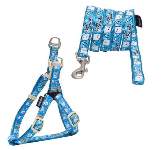Blue embroidered pet leash set with harness and metal clasps featuring playful white and orange designs
