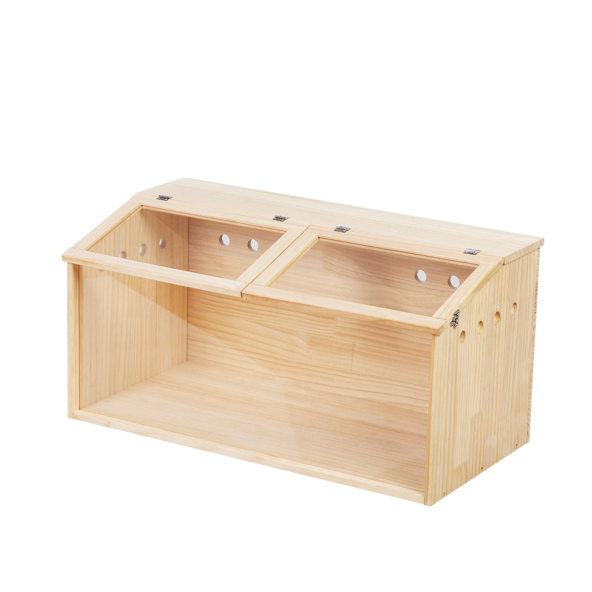 Transparent wooden hamster cage with dual hinged lids and ventilation holes for small pets