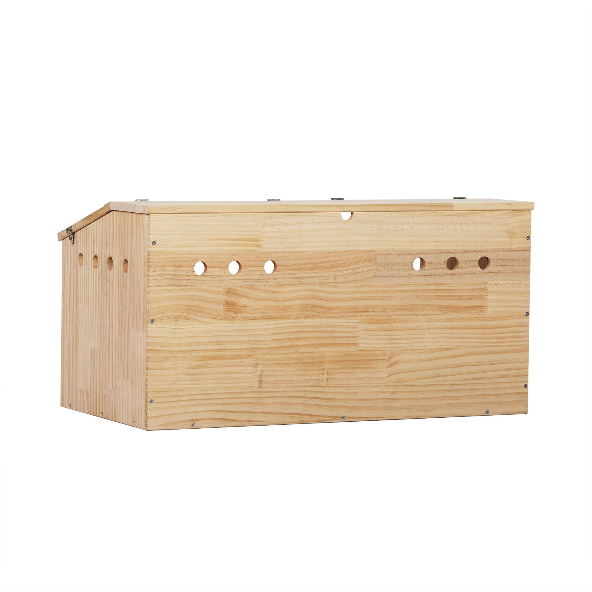 Transparent wooden hamster cage from PawCounter.com with natural wood finish and ventilation holes