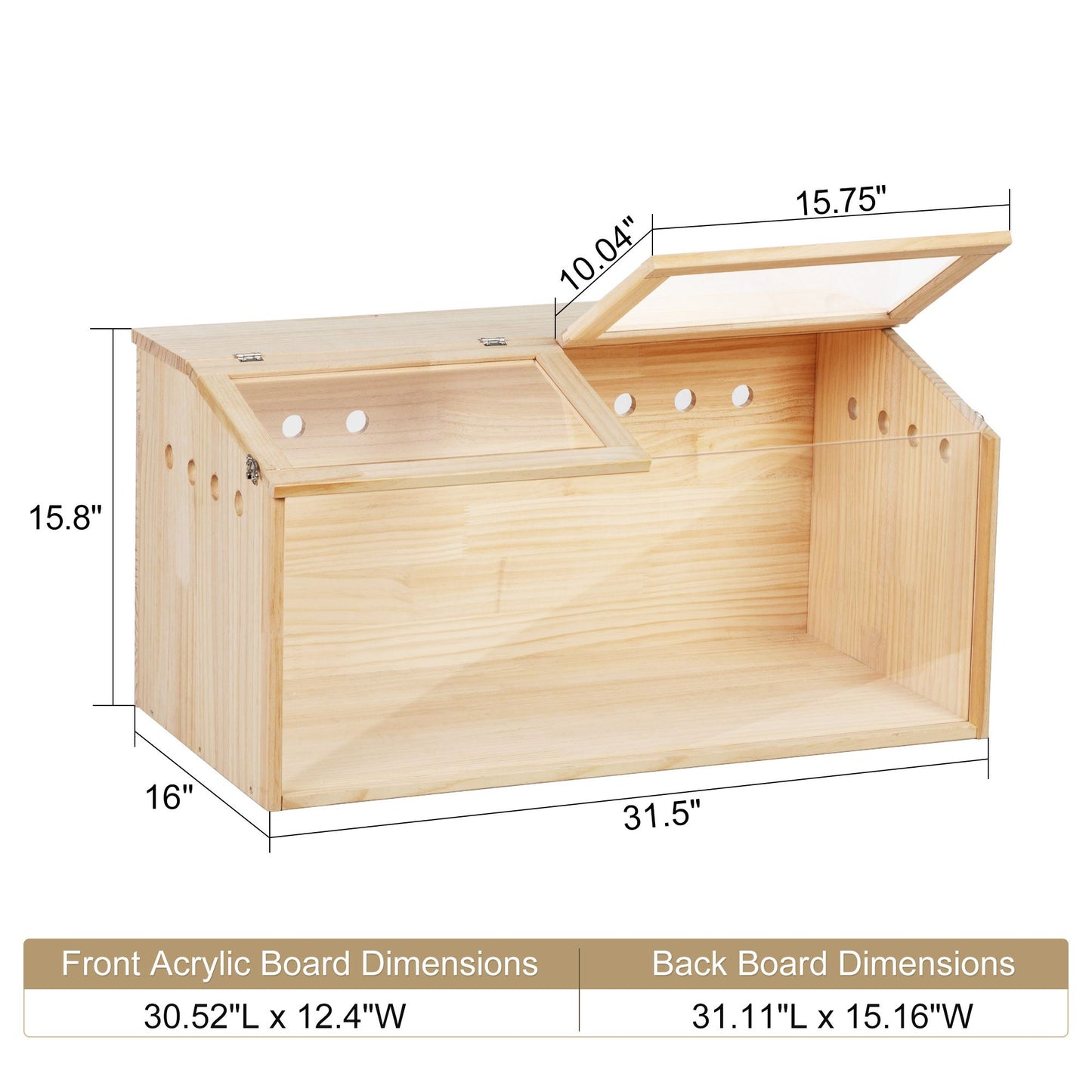Transparent wooden hamster cage with front and back acrylic panels and ventilation holes