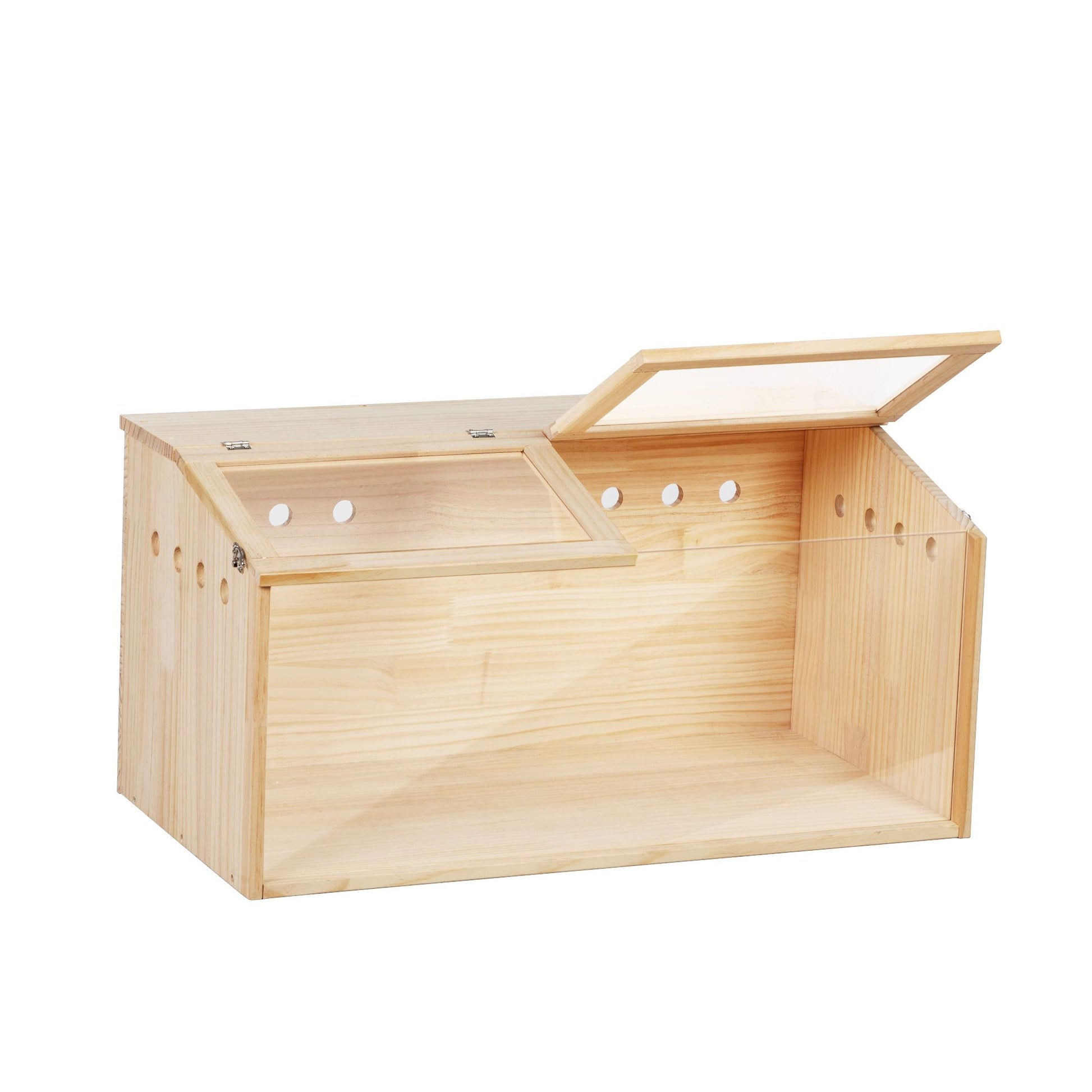 Transparent wooden hamster cage with hinged top lids and ventilation holes for small pets