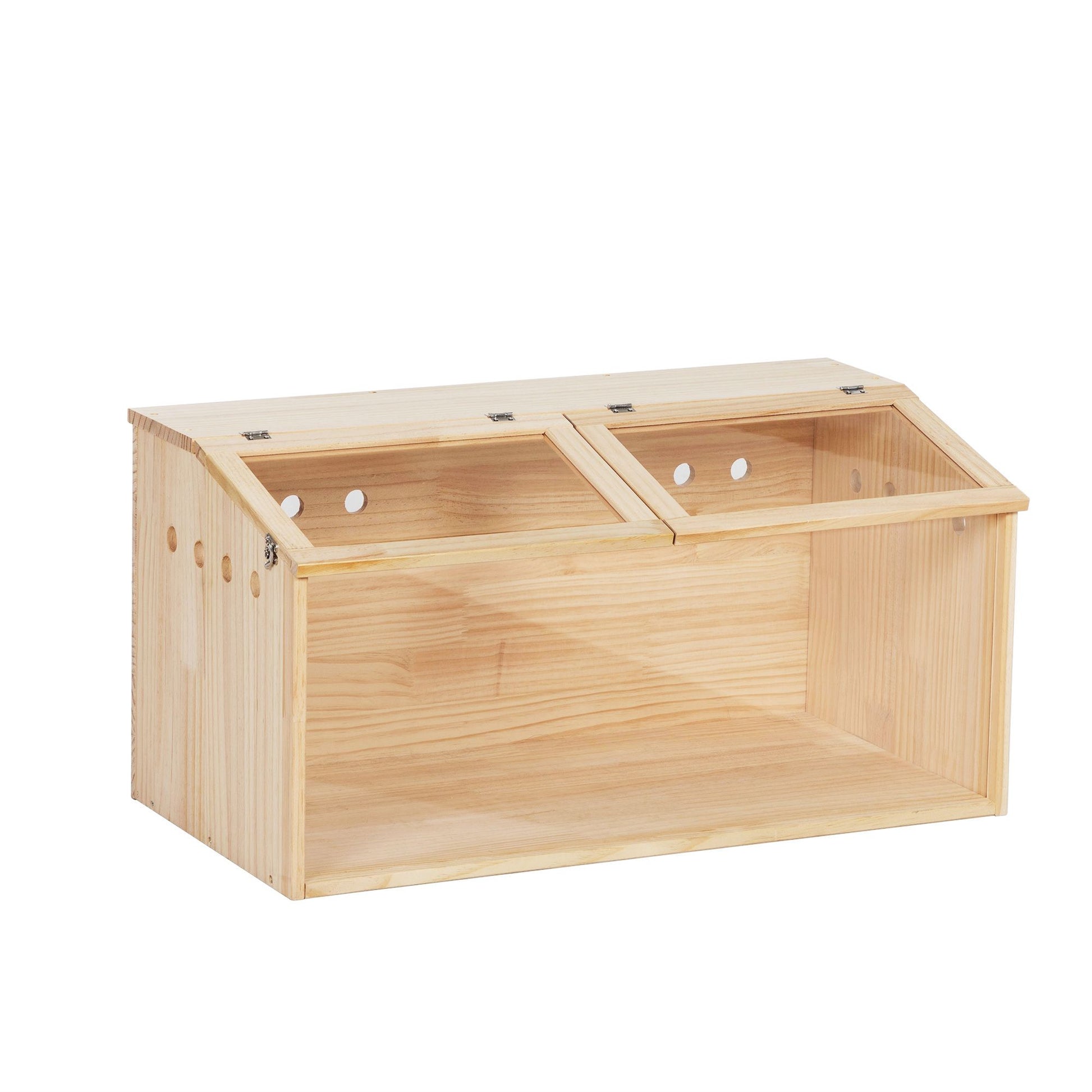 Transparent wooden hamster cage with angled clear viewing panels and ventilation holes