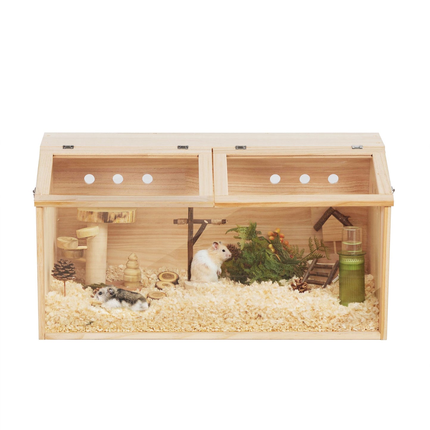 Transparent wooden hamster cage with natural wood finish, ventilation holes, bedding, and hamster accessories