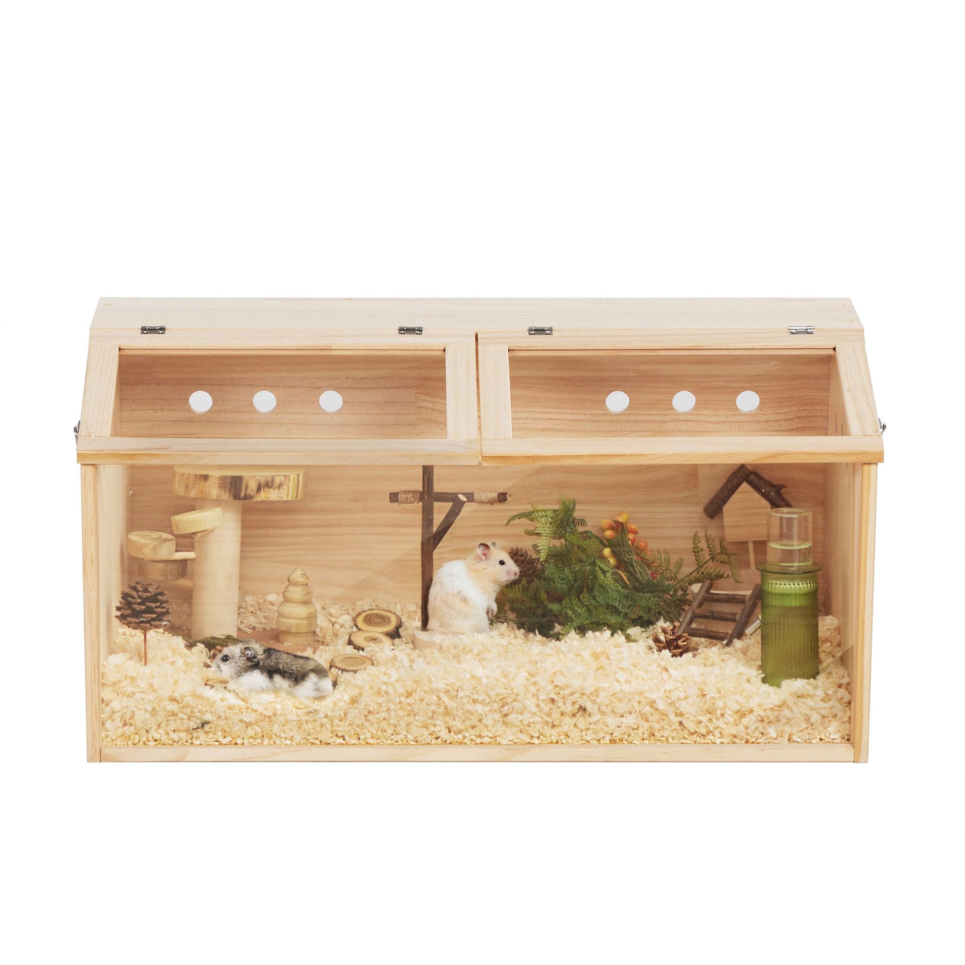 Transparent wooden hamster cage with natural wood finish, ventilation holes, bedding, and hamster accessories