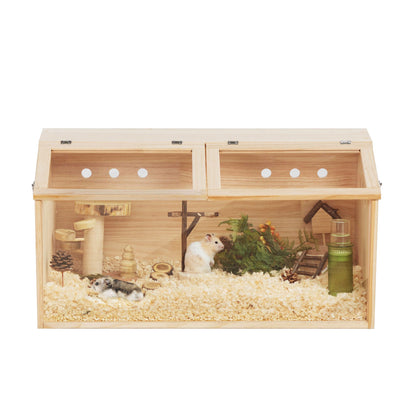 Transparent wooden hamster cage with natural wood finish, ventilation holes, bedding, and hamster accessories