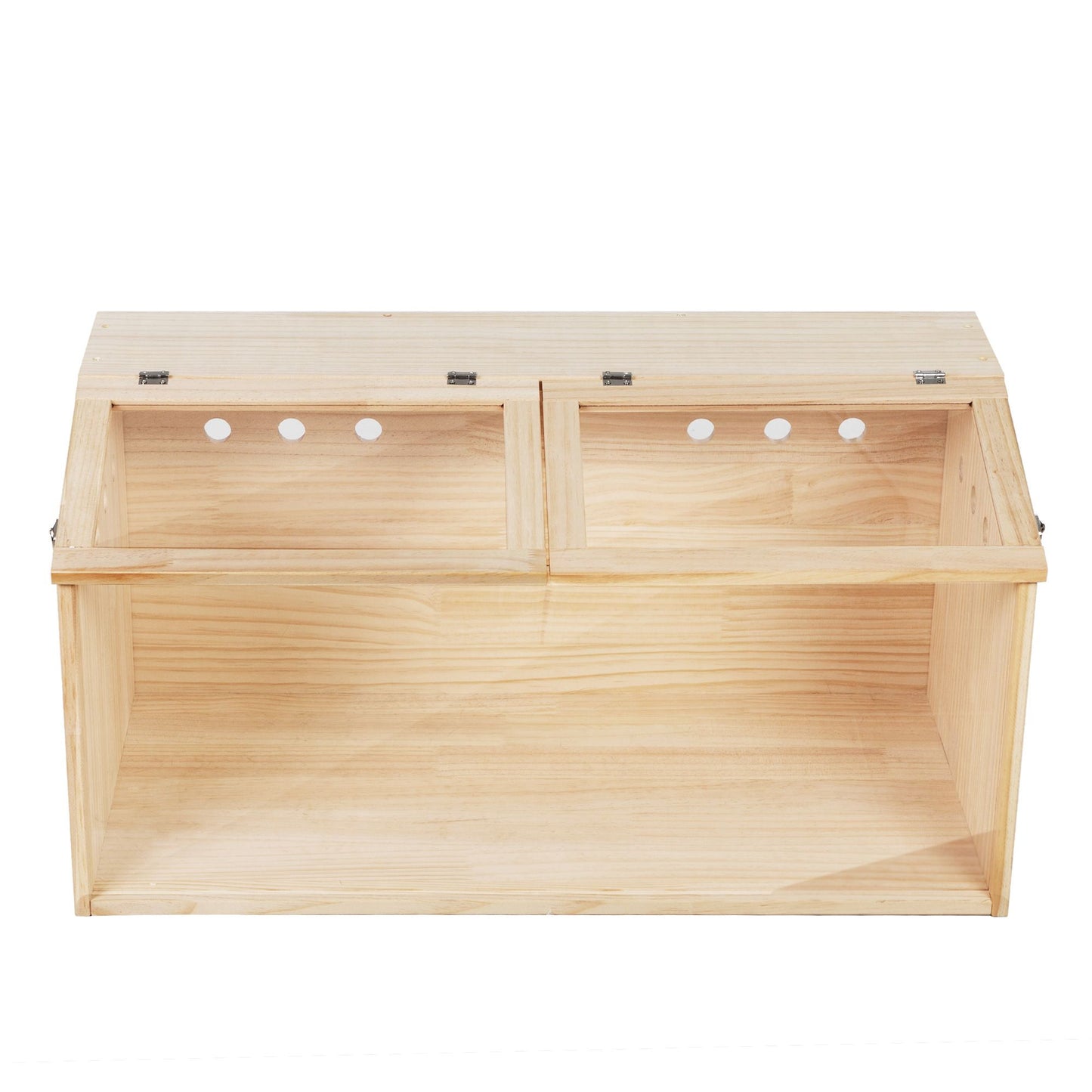 Transparent wooden hamster cage with ventilation holes and hinged top panels for easy access