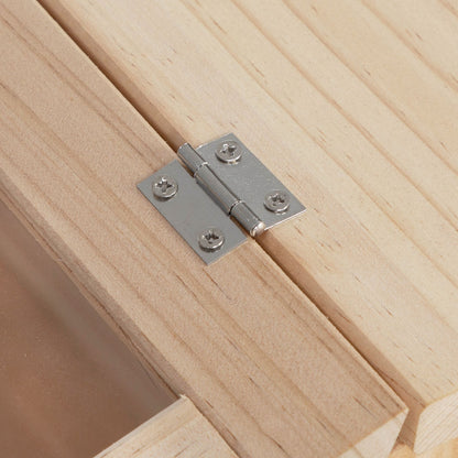 Close-up of metal hinge on natural wood frame of transparent wooden hamster cage by PawCounter.com