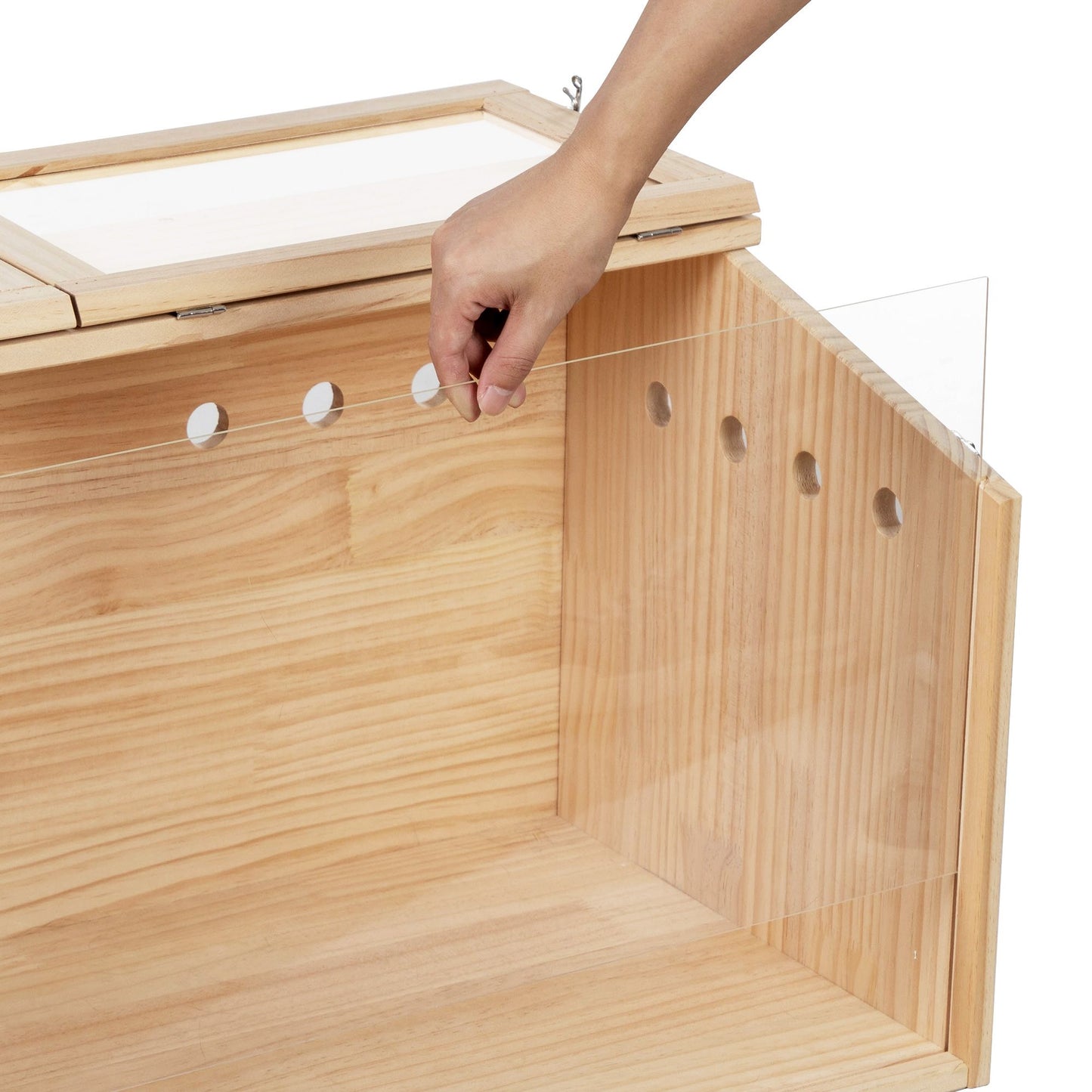 Transparent wooden hamster cage with hand adjusting clear ventilation panel by PawCounter.com